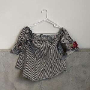 Striped Off Shoulder Rose Embroidered Blouse | Romantic Boho Chic Top